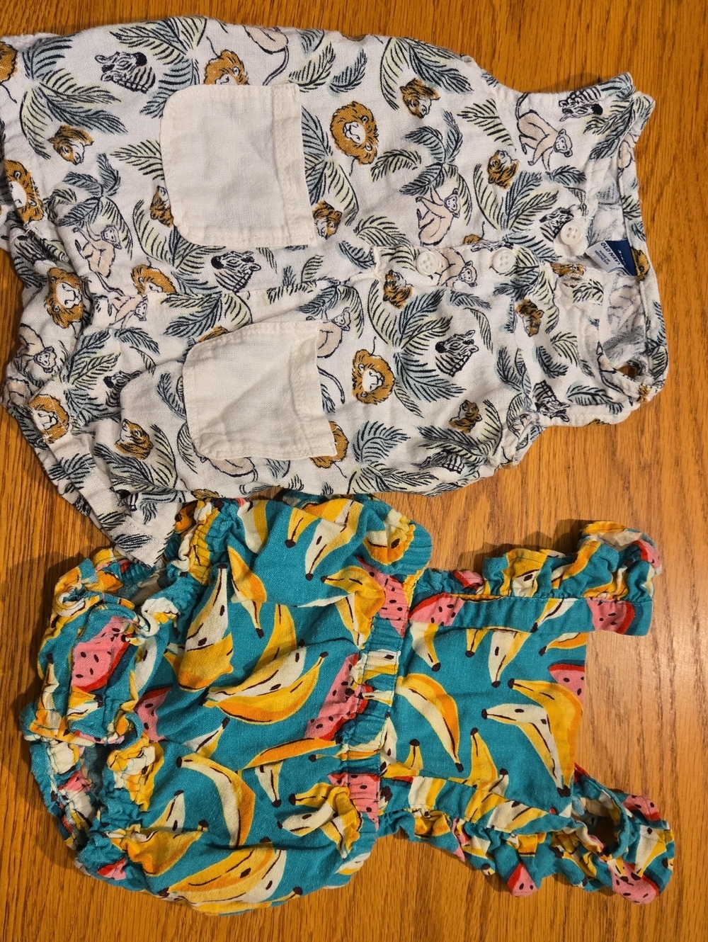Old Navy Teal/Green Banana & Watermelon Print Romper & White Safari Lion Romper